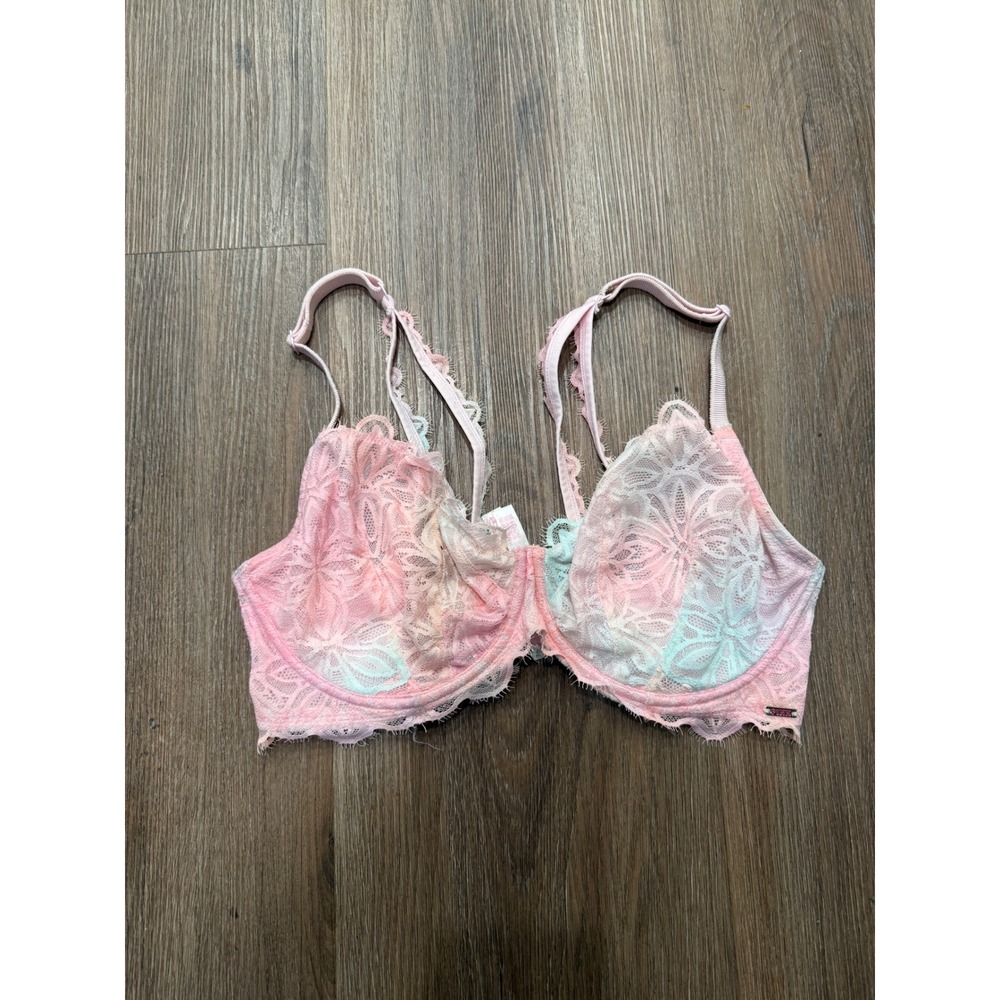 Victoria's Secret PINK Lace Unlined Underwire Bra 36DD Pink Mint Tie Dye Floral